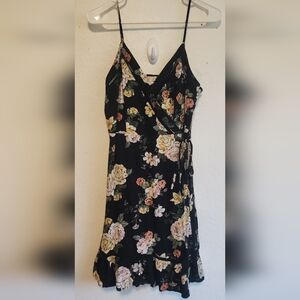 Black Floral Wrap Midi Dress with Yellow & Pink Blooms